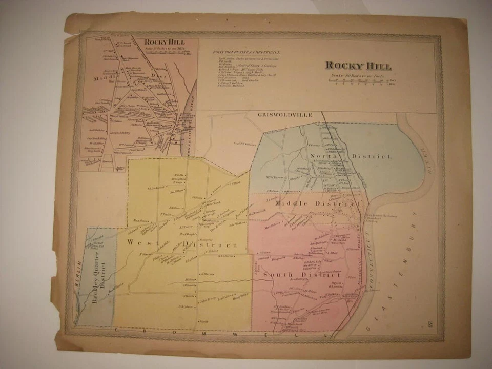 ANTIQUE 1869 ROCKY HILL HARTFORD COUNTY CONNECTICUT HANDCOLORED MAP RARE FINE NR - Image 1 of 1