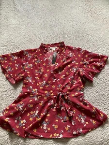 Monteau Women Floral Short Sleeve V-Neck Wrap Blouse Red Size XL - Picture 1 of 9