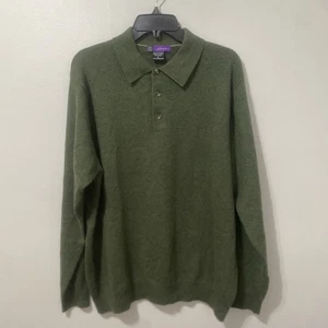 Saks Fifth Avenue  100% Cashmere Polo Style Sweater Large  Green Soft Luxury - Picture 1 of 7