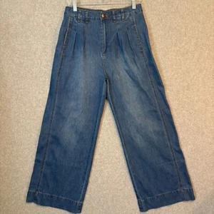 Jeans vintage anni 70 donna 10 gamba larga denim blu vita alta fibbia piega posteriore - Foto 1 di 8