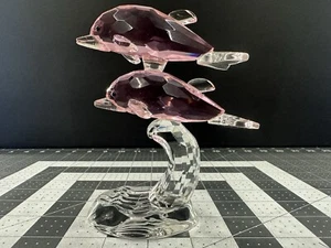 Crystal Glass Pink Dolphins Clear Wave Riding Figurine Sculpture Missing One Eye - Picture 1 of 17