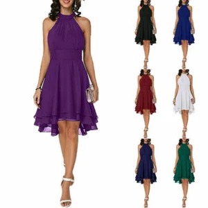 Womens Halterneck Mini Dress Chiffon Ladies Evening Party Cocktail Dress Size - Picture 1 of 19