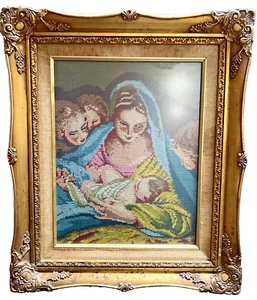 Beautiful Vintage Mother Mary And Baby Jesus Tapestry In Frame 50cm x 44 cm RARE - Picture 1 of 19
