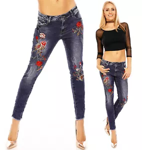 Damen Hose Jeanshose Skinny Demin Look Bedruckte Patches Blau Gr. S 61108 - Bild 1 von 5