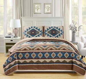 BEAUTIFUL COZY BLUE BROWN RED GREEN SOUTHWEST LOG CABIN LODGE COUNTRY QUILT SET