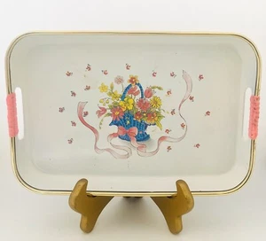 Vintage zwei MCM Geschirr Tabletts mit Blumen & rosa Griffen quadratisch und rechteckig - Bild 1 von 11