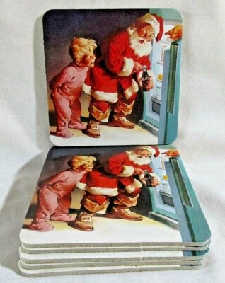 Lot of 6 Christmas Cork Coasters Santa Getting Coke from Refrigerator 3.5" X 3.5 - Image 1 of 3