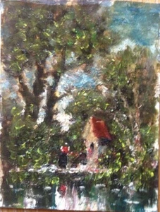 OIL PAINTING WAYSIDE CROSS IMPRESSIONIST MINIATURE ° GIRLS ANTIQUE UNSIGNED/ - Picture 1 of 3