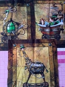 Steampunk Panels Lot of 3, 12"x 14”, Cotton Fabric, Giraffe, Bear, Tub, Ostrich - Picture 1 of 4
