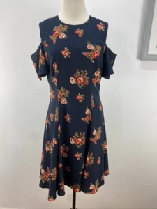 CUE CITY SIZE 10 WOMENS BLUE FLORAL COLD SHOULDER FIT FLARE DRESS KNEE LENGTH - Picture 1 of 10