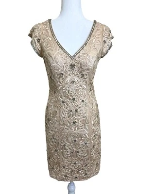 Vestido de Cóctel Sue Wong Nocturne Lentejuelas Bordado Manga Gorra Champagne Talla 6 Foto 1 de 4
