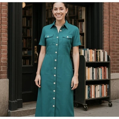 Robbie Bee Women's Teal Green Button Down Long Sleeve Maxi Shirt Dress - Image 1 of 4