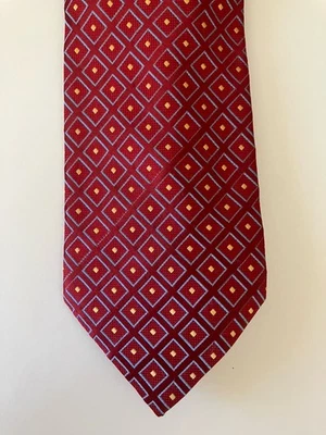 Henry Jacobson Men's Necktie Tie Silk Woven Red Blue Square Gold Diamond 60" - Image 1 of 4