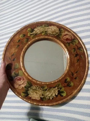 Vintage Round Accent Mirror Hand Painted Flowers Golden Bronze Wooden Frame 17” - Image 1 of 4
