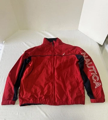 Chaqueta cortavientos con capucha oculta roja azul marino para niños Nautica talla 10/12 mediana Foto 1 de 4
