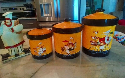 Certified International Jane Garant Bistro 3-Piece Canister Set & Chef Figurine - Image 1 of 4