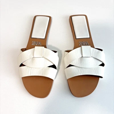 Sandalias planas ZARA de cuero blanco con correa cruzada para mujer talla 9 EU 38 cómodas de verano Foto 1 de 4