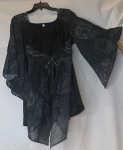 Camisa Top Gótica Negra Rosa En Capas Mangas Ralladas Con Cordones XL Blusa Mangas Aladas - Imagen 1 de 8