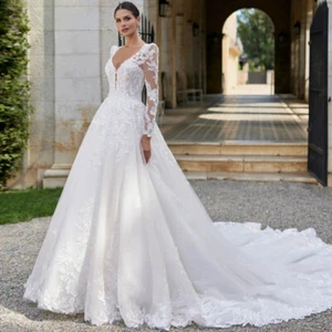 Luxury V Neck Wedding Dresses Long Sleeve Appliques Buttons Back Bridal Gowns - Picture 1 of 7