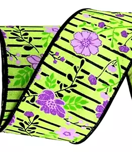 Spring Floral 2.5" by 3 yd Purple on Green Black Highlight Wired Ribbon Summer - Picture 1 of 2