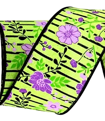 Spring Floral 2.5" by 3 yd Purple on Green Black Highlight Wired Ribbon Summer - Image 1 of 2