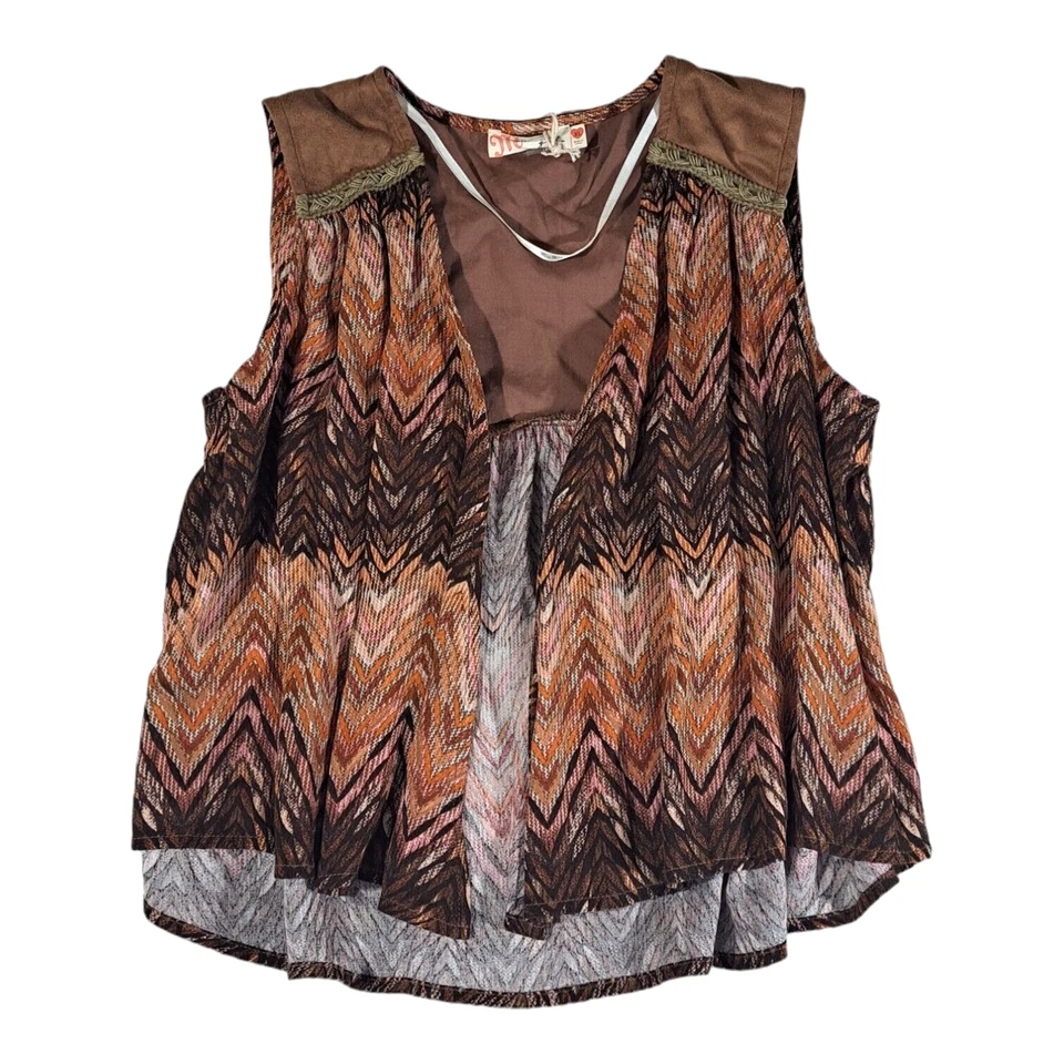 Chaleco Miss Me Abierto Niñas Talla XL Cortina Frontal Marrón Óxido Estampado Chevron Boho Foto 1 de 4