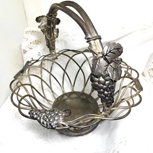 Vtg Godinger Silverplate Wire Bread Fruit Basket Grapes Motif Swing Handle 7.5" - Picture 1 of 11