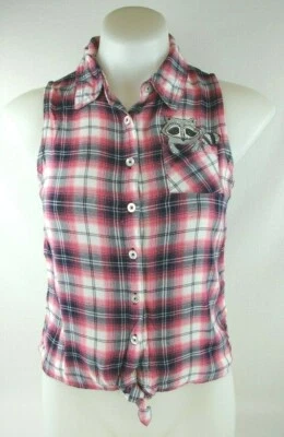 Justice Sleeveless Pink Plaid 100% Rayon Button Up Shirt Girl's/ Kid's Size 14   - Image 1 of 4