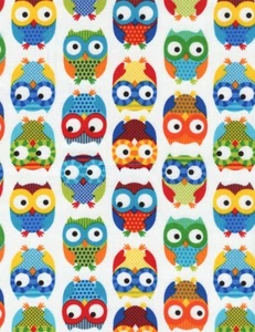 1/3 Yard Color Owls on WHITE Cotton Fabric Timeless Treasure C8366 - Picture 1 of 2