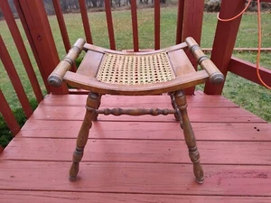 Wicker and Turned Wood MCM Rattan Stool Bench Antique Mid Century Modern Antique - Picture 1 of 18