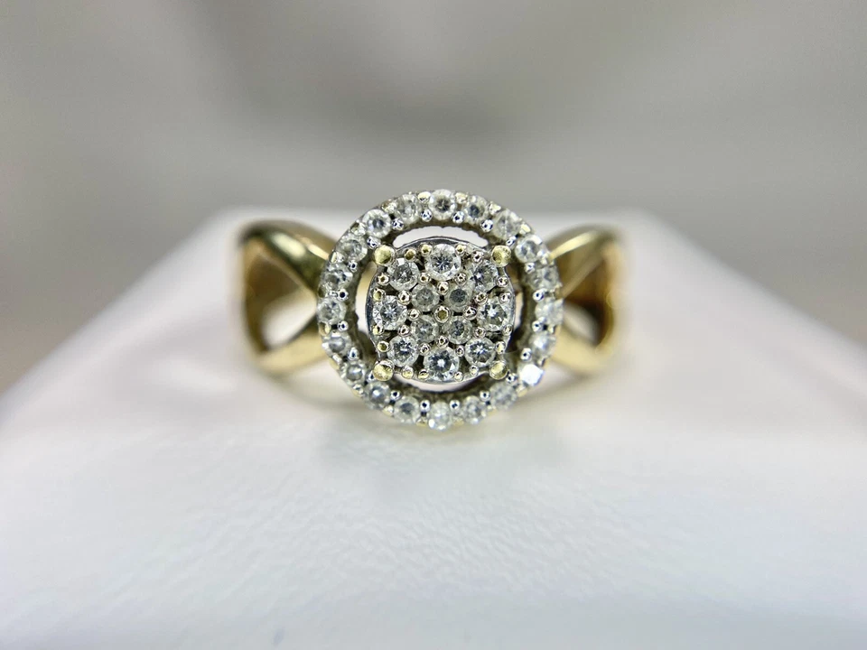 10k Yellow Gold Designer Natural Round Diamond Pave Cluster Halo Cocktail Ring - Image 1 of 4