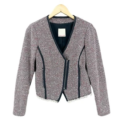 REBECCA TAYLOR Blazer Jacket Womens 6 Cotton Wool Lamb Leather Tweed Pink R415 - Image 1 of 4