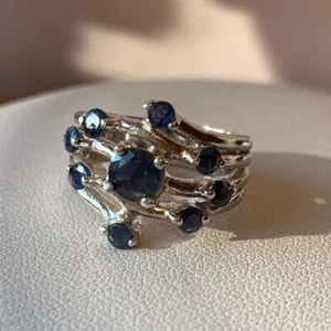 GENUINE BLUE SAPPHIRE 925 STERLING SILVER WIDE BAND RING - Picture 1 of 9