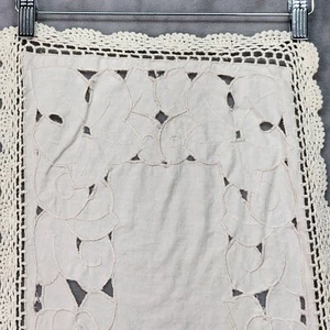 Vintage Linen Table Runner Crocheted Edges Stitched Cut Out Florals - 31" X 13" - Picture 1 of 8