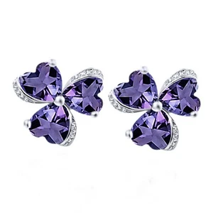 1Ct Lab-Created Amethyst & Sapphire Heart Flower Clover Stud Earrings 925 Silver - Picture 1 of 10