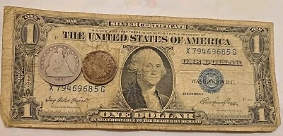 1861 25c Seated Liberty Silver Quarter Dollar+1861 Indian Cent,1935 1 Dollar. - Image 1 of 4