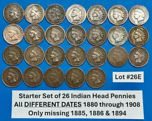 Starter Set of Indian Head Penny Pennies with 26 DIFFERENT DATES 1880-1908 #26E - Picture 1 of 5