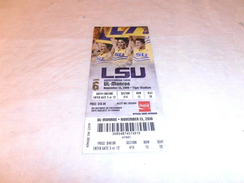 VINTAGE 2010 LSU TIGERS VS. UL-MONROE WARHAWKS OLD FOOTBALL TICKET Cover