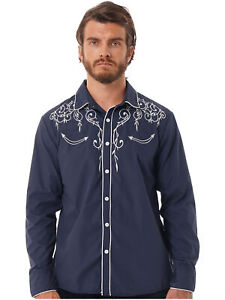 Men's Long Sleeves Embroidery Buttons Shirt Denim Lapel Collar Casual Slim Fit