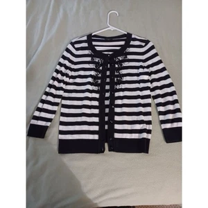 Talbots Women Sweater S Black White Striped Button Up Cardigan Embellished Beads - Picture 1 of 6