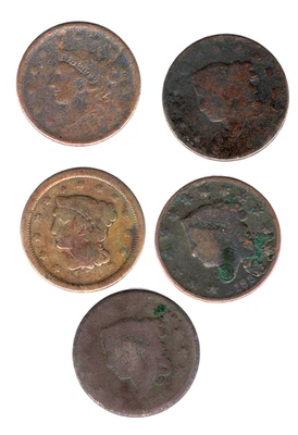 5 LARGE CENT'S GREAT DETAIL & EYE APPEAL FILLERS LOT OF COPPER - Image 1 of 2