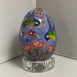 Vintage Enamel Egg On Stand Cloisonné Style Butterfly Floral Hummingbird 3.5" - Picture 1 of 11