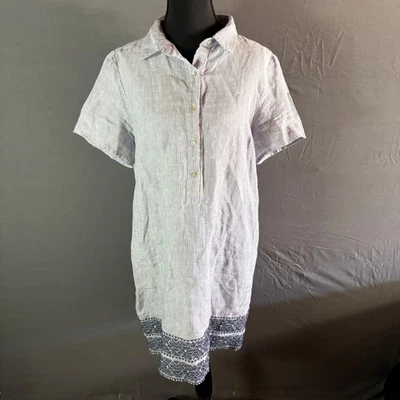 Artisan NY Linen Shirt Dress Women's Medium Blue White Striped Embroidered Trim - Image 1 of 4