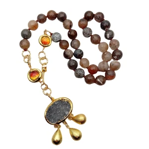 Faceted Brown Agate Murano Glass Necklace Quartz Druzy Oval Shape Pendant 22" - Picture 1 of 6