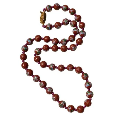 VTG CHINESE EXPORT ENAMEL FLORAL CLOISONNE BEADED NECKLACE GILT SILVER CLASP - Image 1 of 4