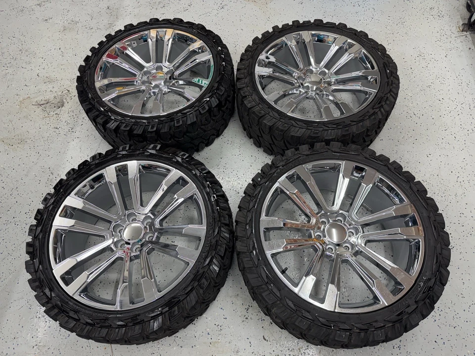 24" SILVERADO YUKON TAHOE ESCALADE SUBURBAN CHROME WHEELS 35” MUD MT TIRES - Image 1 of 4