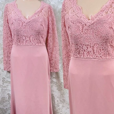 Dessy Collection Dress Coquette Rose Pink Lace Long Sleeve Maxi Gown Formal 6 - Image 1 of 4