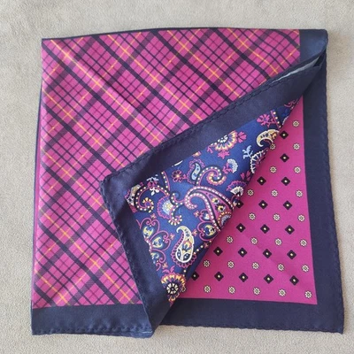 Cremieux pocket square magenta blue 100% silk 4 panels paisley plaid new $35 - Image 1 of 4