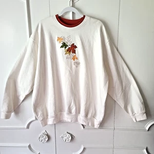 Trilogy Fall Leaves Cream Sweatshirt Women's 2XL Pullover Fleece Beaded NWT - Picture 1 of 19