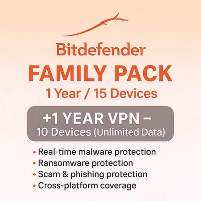 Bitdefender Family Pack 2026- 1 Year 15 Devices + 1 Year  UNLIMITED VPN - Image 1 of 4